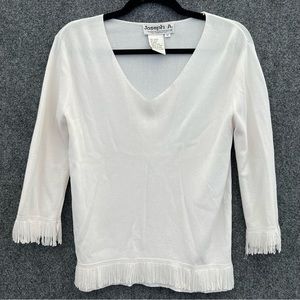 Vintage Joseph A Women’s M White 3/4 Sleeve V-Neck Fringe Top Medium